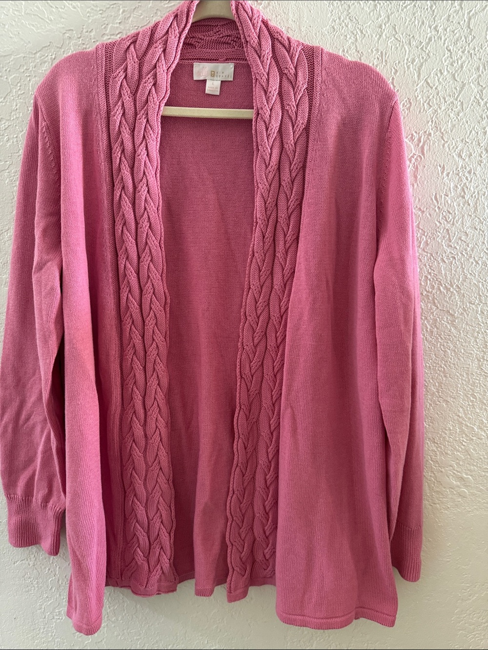 Belle Kym Gravel Large Pink Cable-Trim Open Front Cardigan New